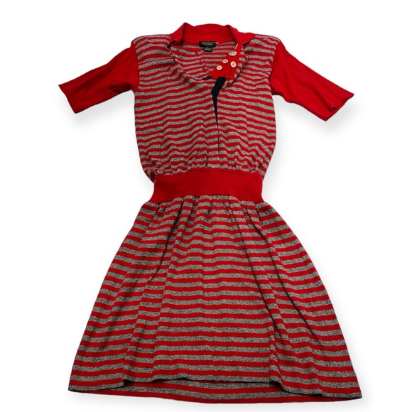 70s 80s vintage women’s red gray striped midi dress S L78-17